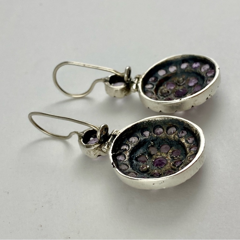 Vintage Amethyst and Silver Medallion Drop Earrings - Picture 7 of 8